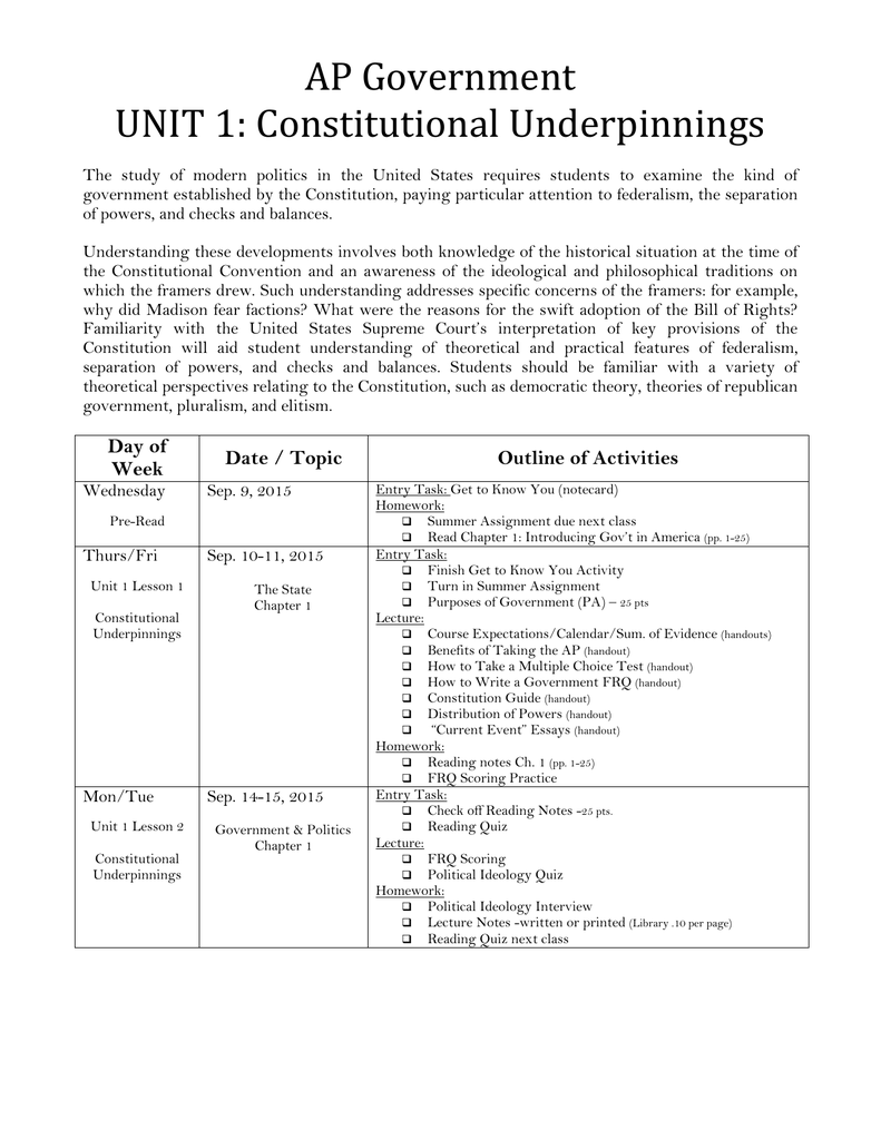 Ap Gov Calendar Unit 1