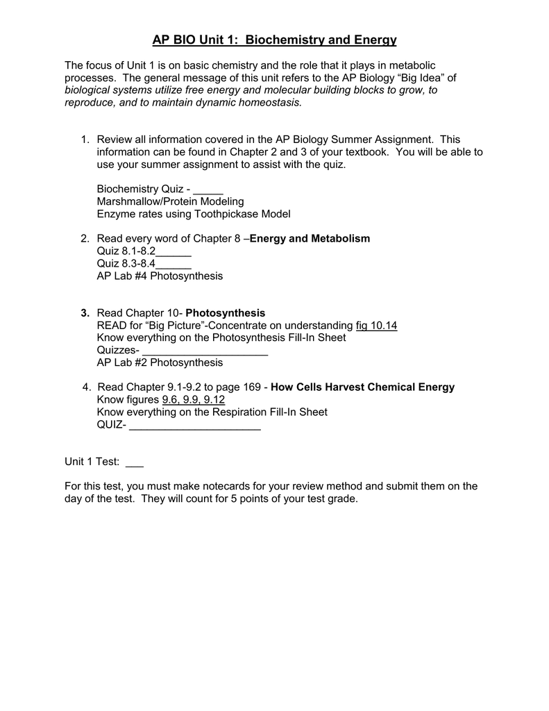 Ap Bio Energy Unit Photosynthesis And Respiration