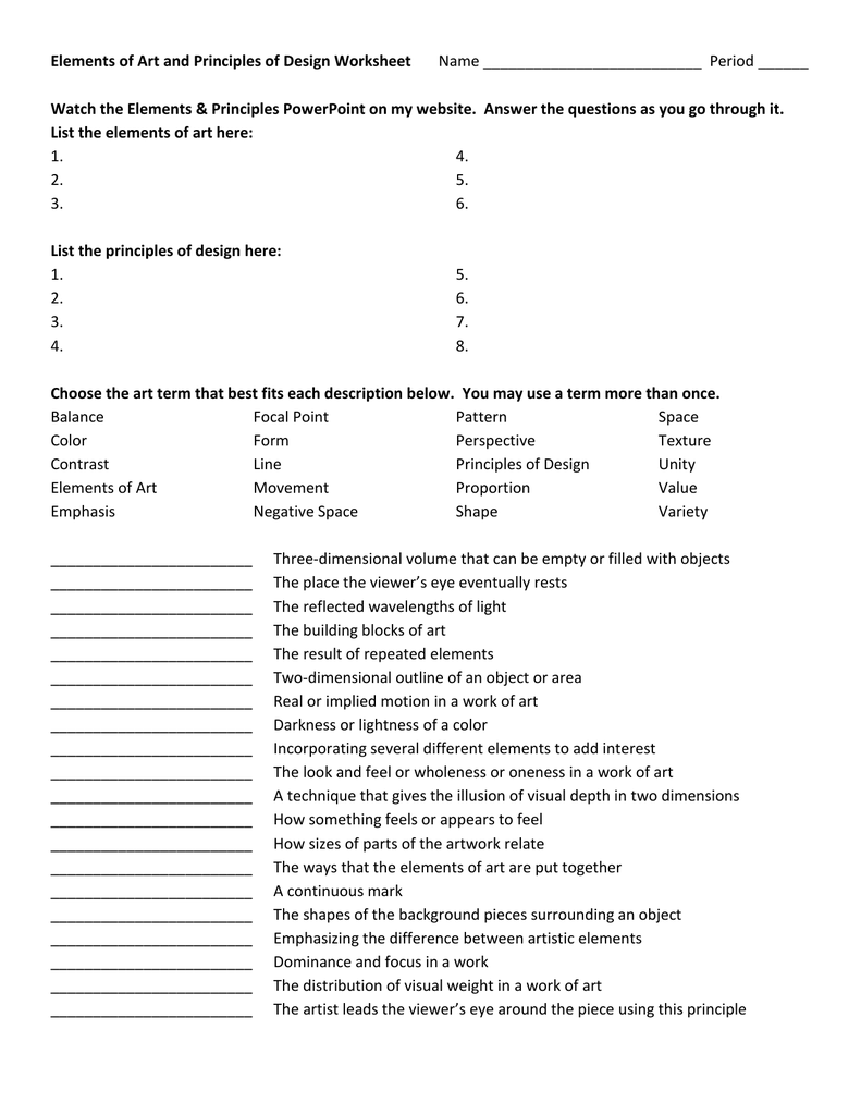 Elements Of Art And Principles Of Design Worksheet Name Period