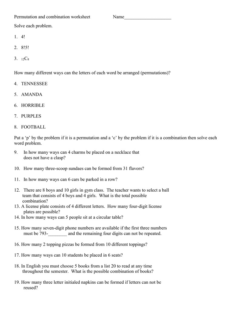 Permutation and combination worksheet Throughout Permutations And Combinations Worksheet