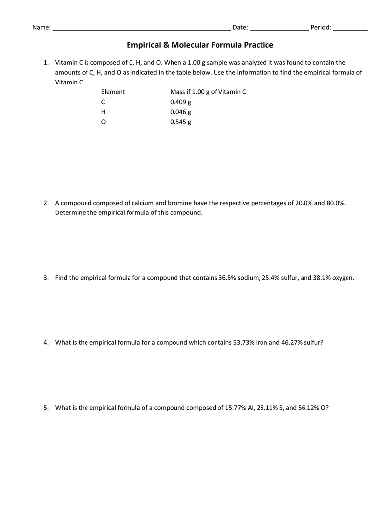 Empirical And Molecular Formulas Worksheet