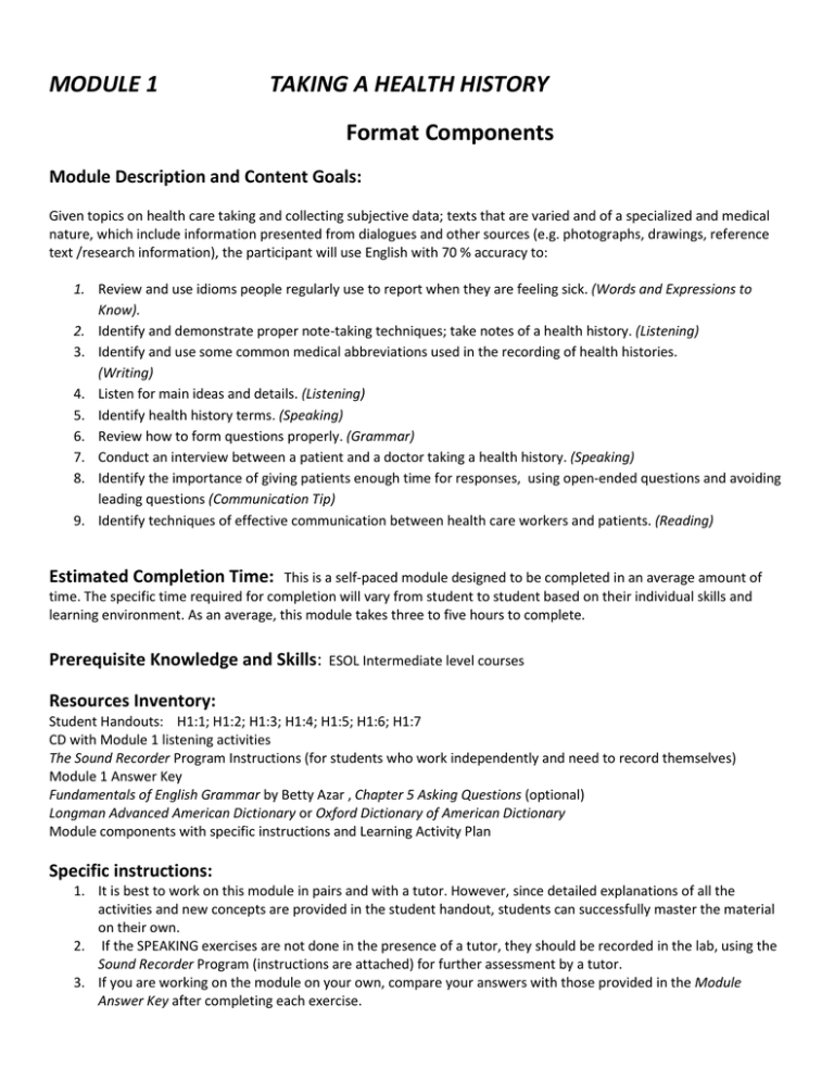 MODULE 1 TAKING A HEALTH HISTORY Format Components