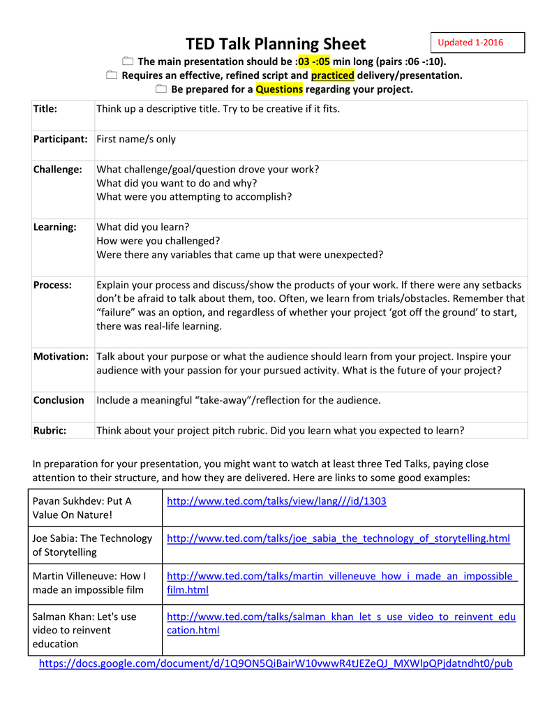 TED TALK GUIDE and RUBRIC