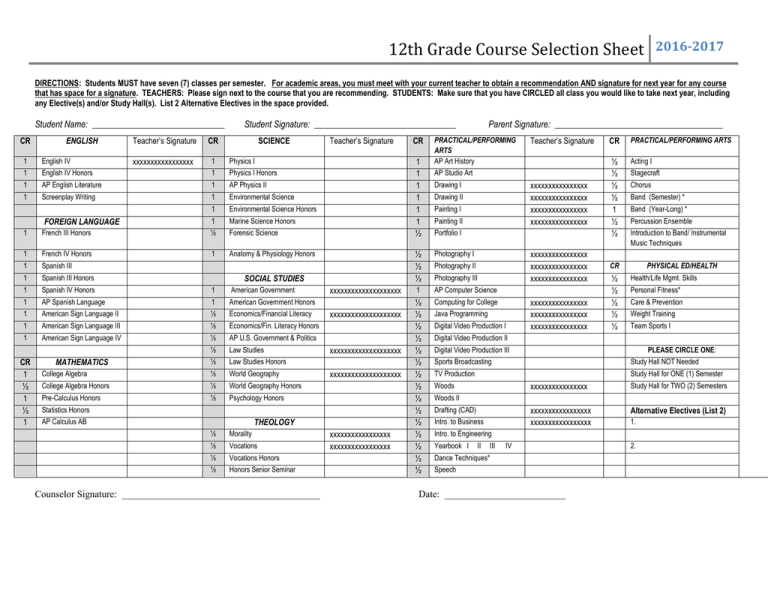 12th Grade Course Selection Sheet