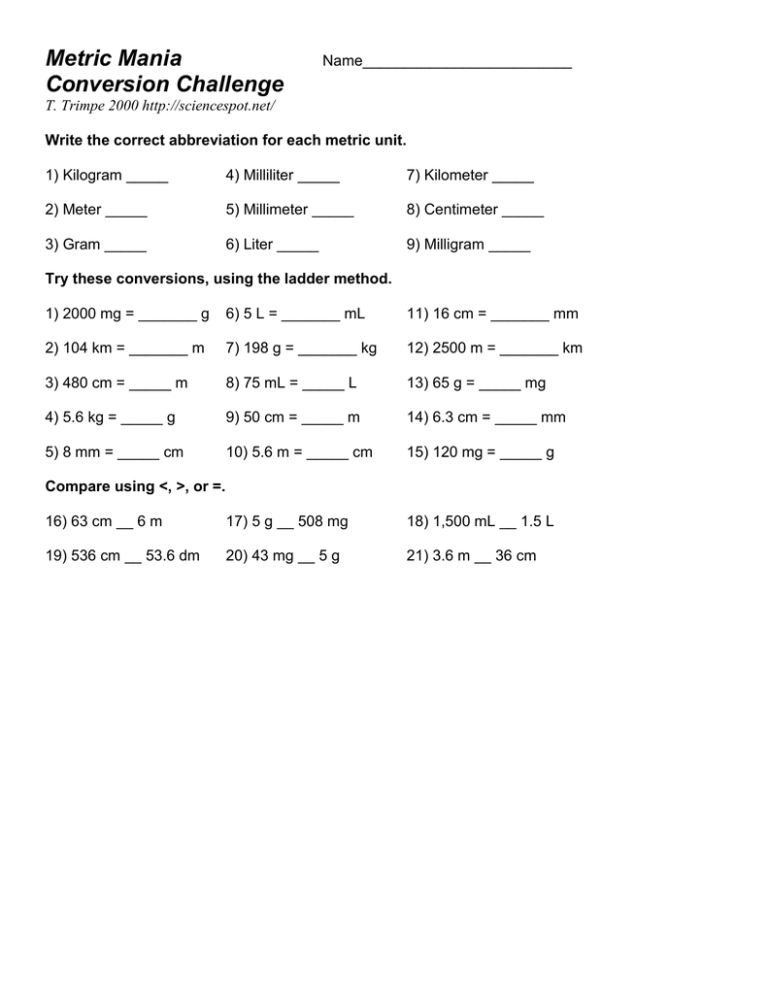 Metric Mania Conversion Challenge Worksheet Answer Key Waltery 