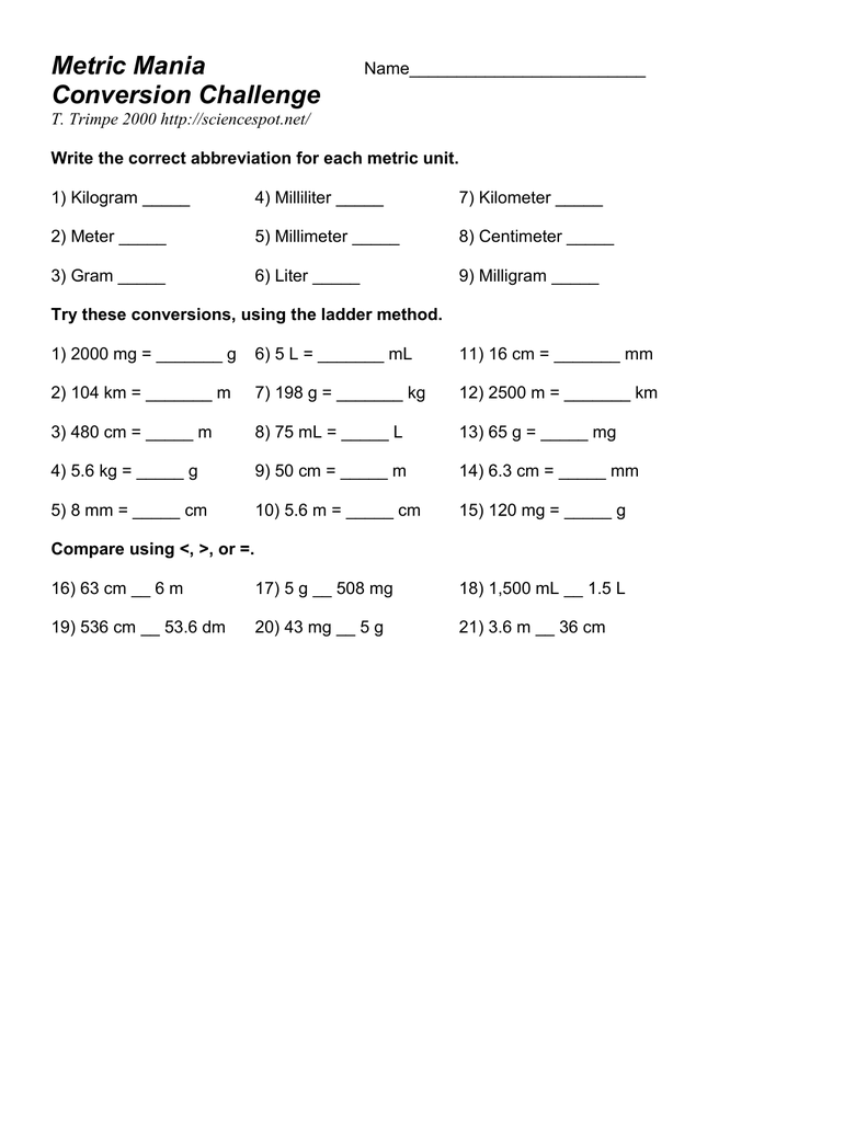Metric Mania Challenge For Metric Mania Worksheet Answers