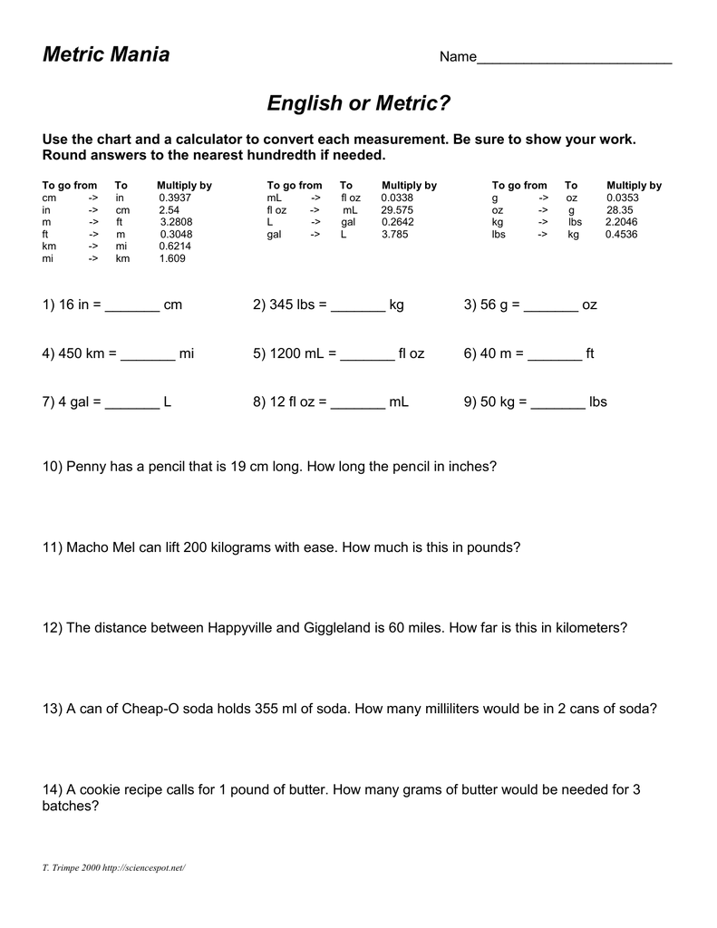 Metric Mania Side 24 Within English To Metric Conversion Worksheet