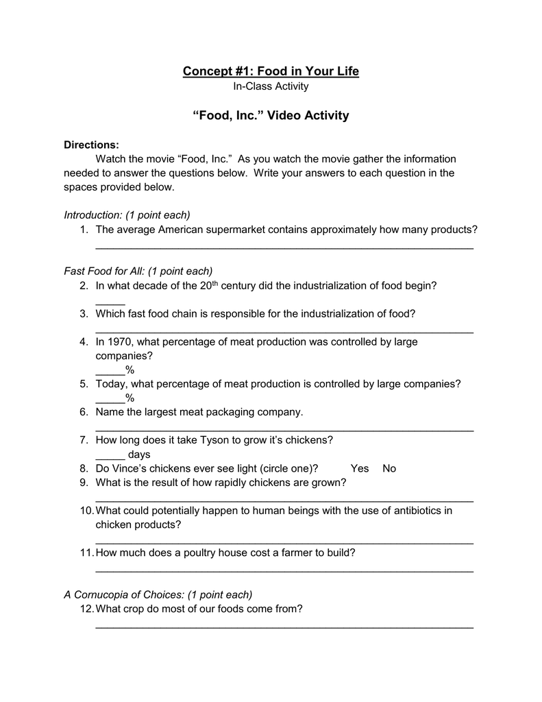 Food, Inc.” Video Activity For Food Inc Movie Worksheet