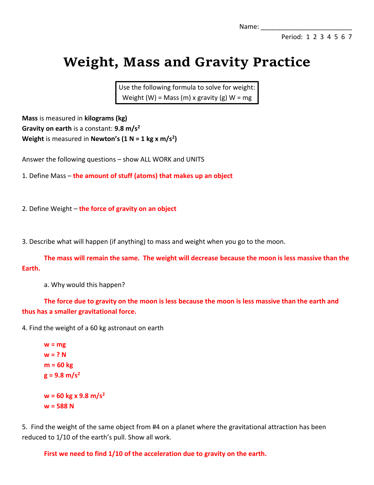 Answer For Mass And  Weight Worksheet