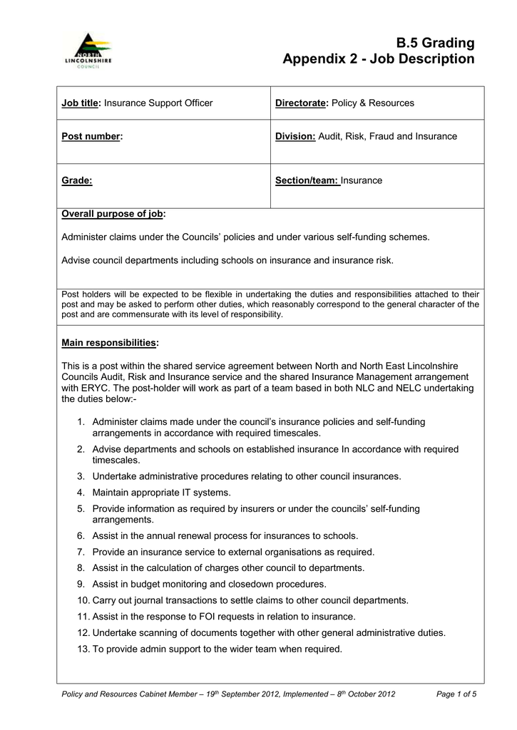 Insurance Support Officer Job Description