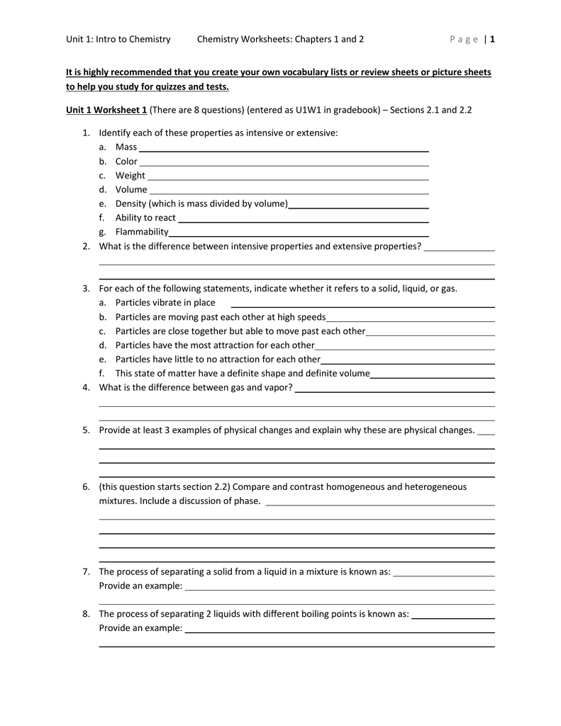 Unit 221: Intro to ChemistryChemistry Worksheets: Chapters 221 and In Introduction To Chemistry Worksheet