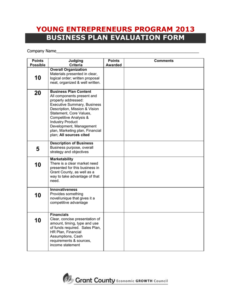 evaluation in business plan example