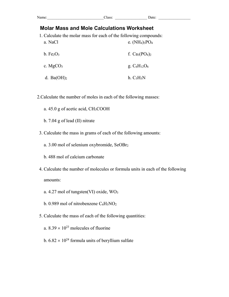 Molar Mass and Mole Calculations Worksheet Within Worksheet Mole Problems Answers