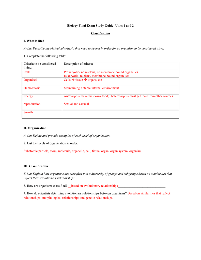 Final Exam Study Guide- Classification and Plants Answer Key