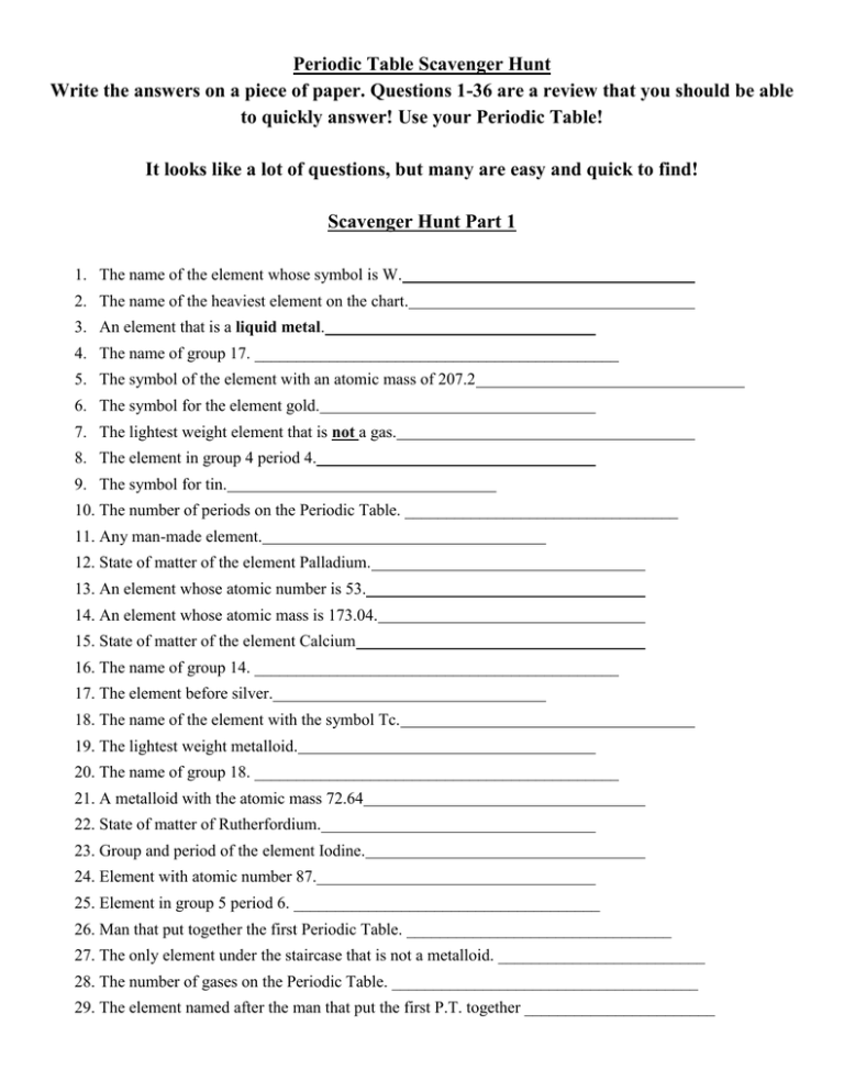 Periodic Table Scavenger Hunt Answer Key Cabinets Matttroy