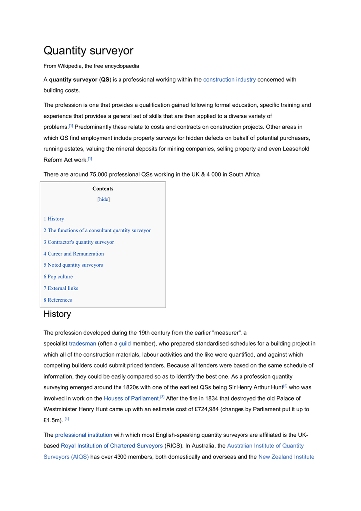 the evolution of the profession of quantity surveying