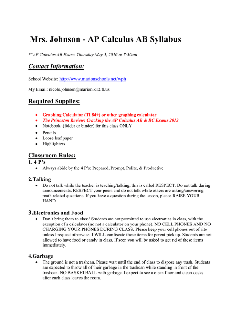 Mrs. Johnson AP Calculus AB Syllabus