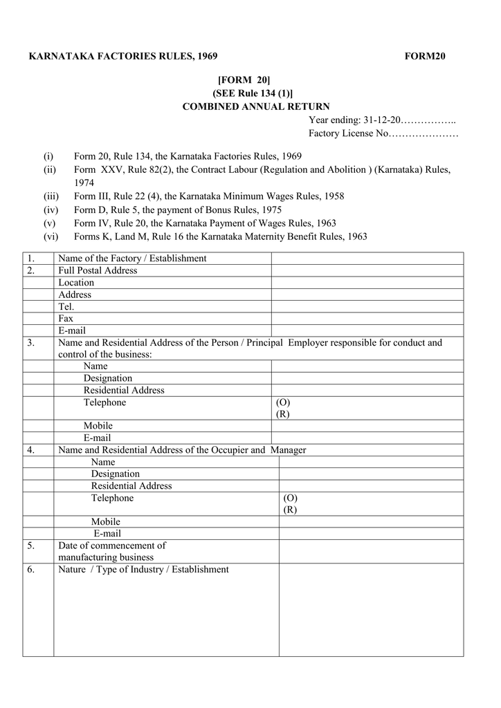 license labour 5 contract form [FORM FORM20 KARNATAKA RULES, 20] FACTORIES 1969 (SEE