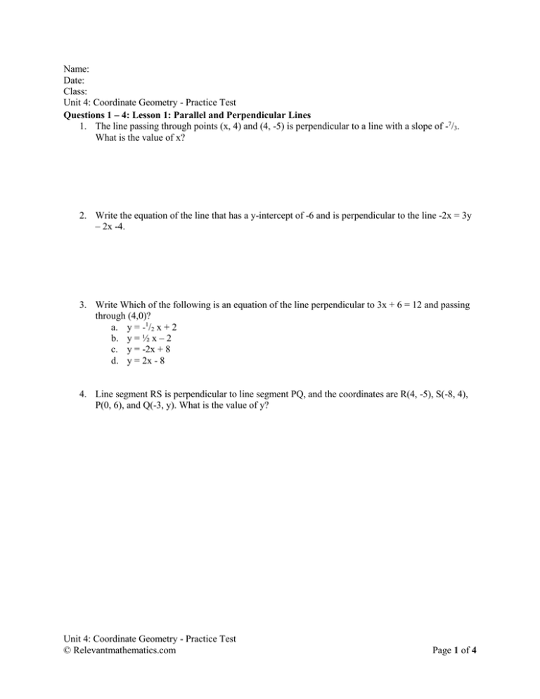 Unit 4 Coordinate Geometry Practice Test