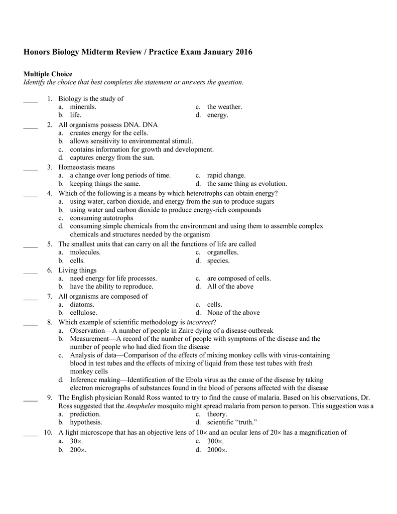 Honors Biology Midterm Review Practice Exam January 2016