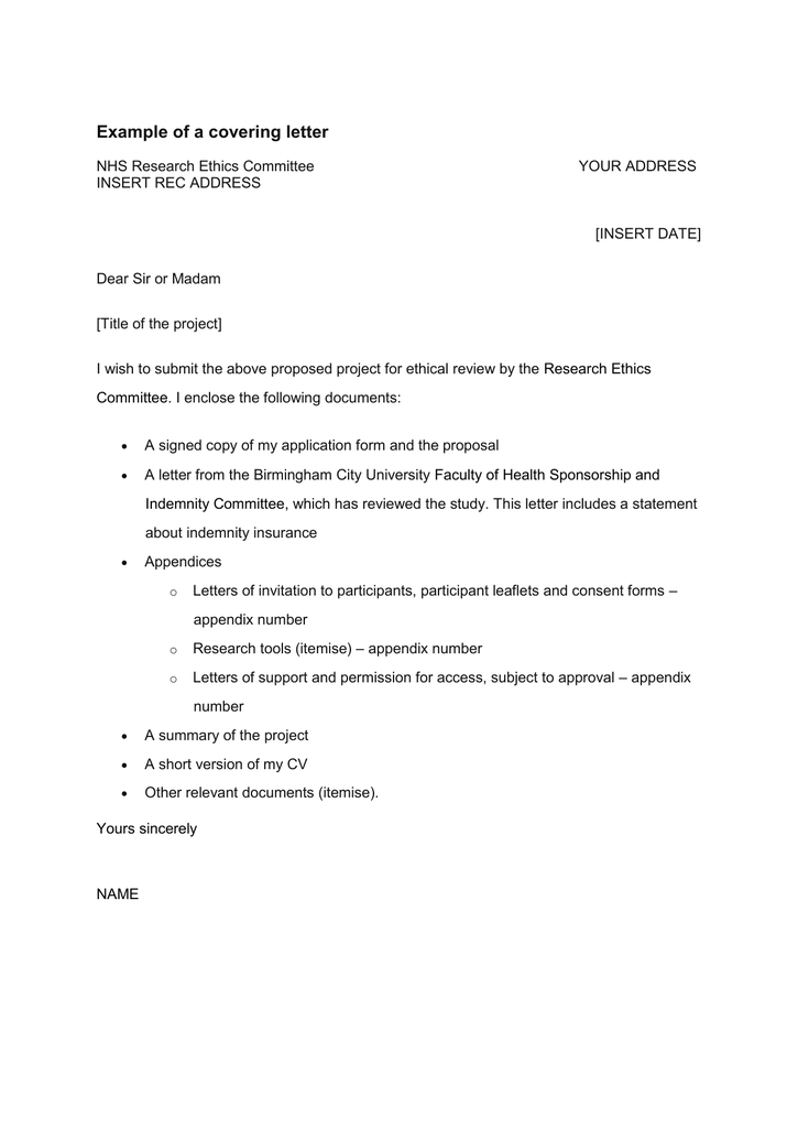 cover letter research ethics committee