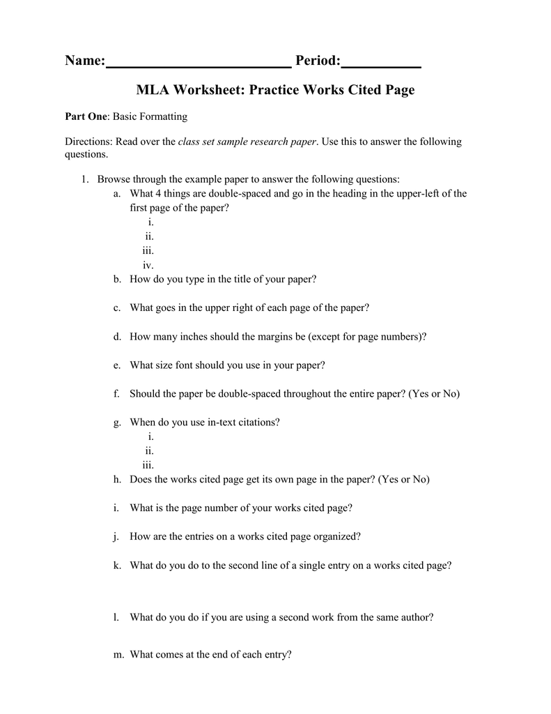 Worksheet to practice MLA skills In Mla Citation  Practice Worksheet