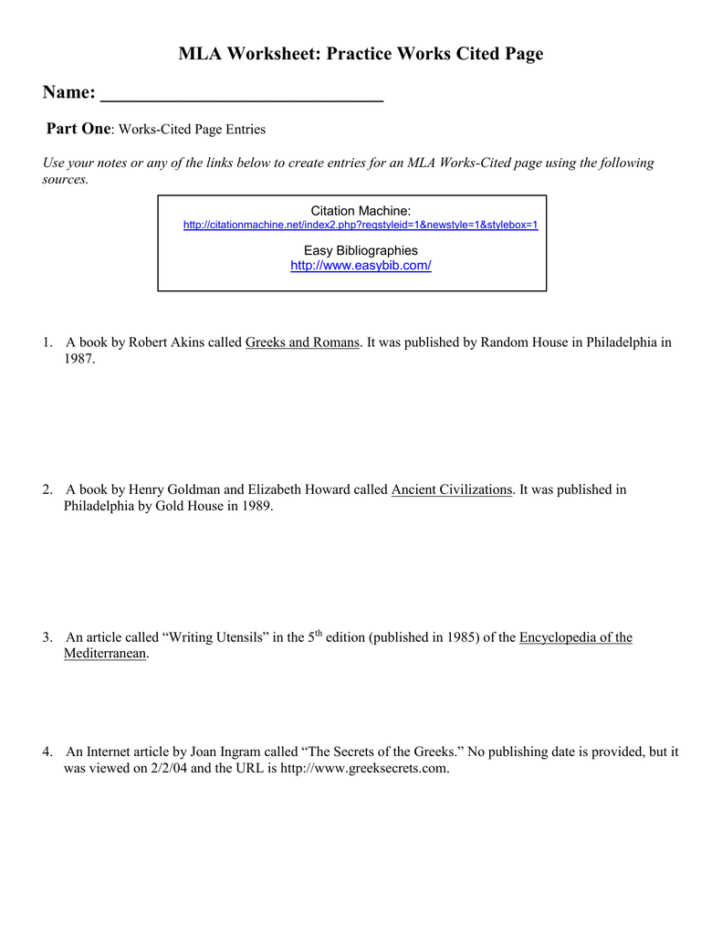 MLA Worksheet #20 Pertaining To Mla Citation Practice Worksheet