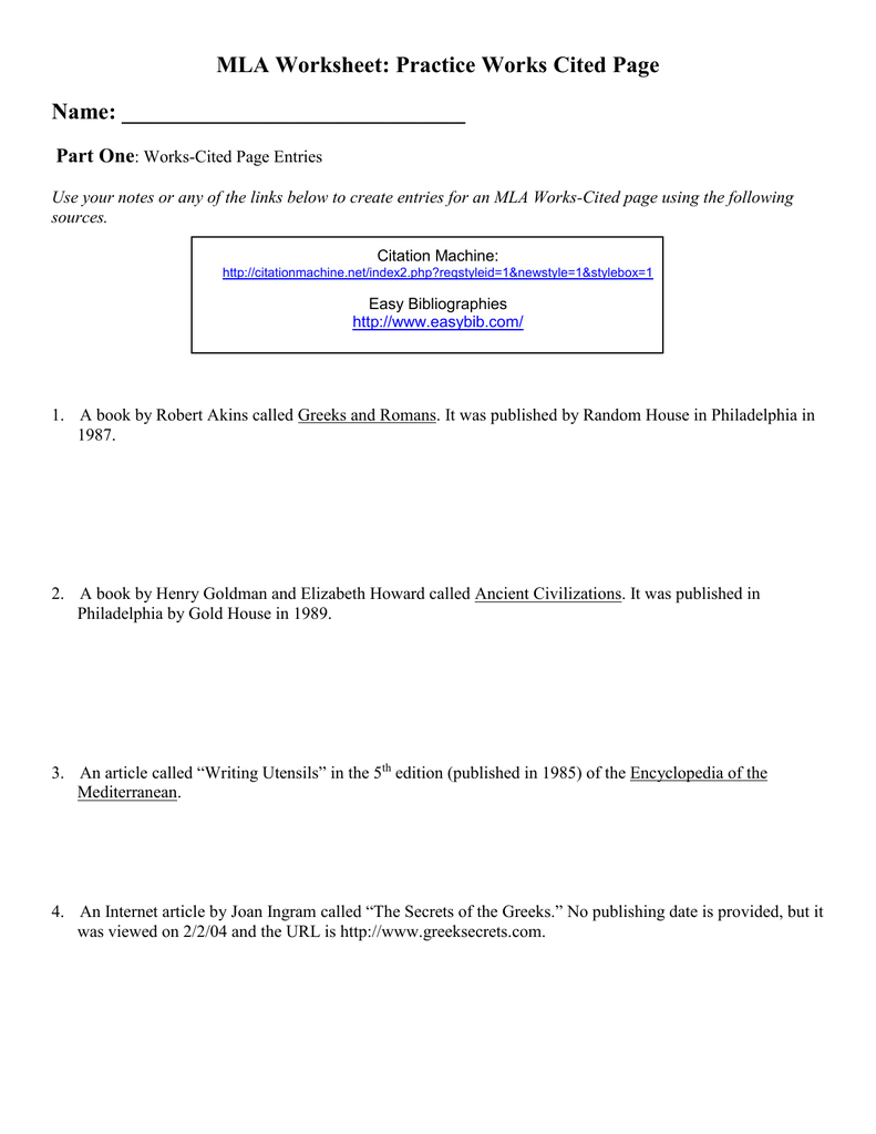 MLA Worksheet #22 Within Mla Citation Practice Worksheet