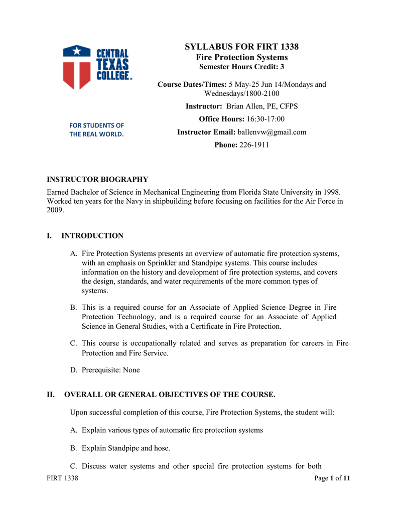 SYLLABUS FOR FIRT 1338 Fire Protection Systems