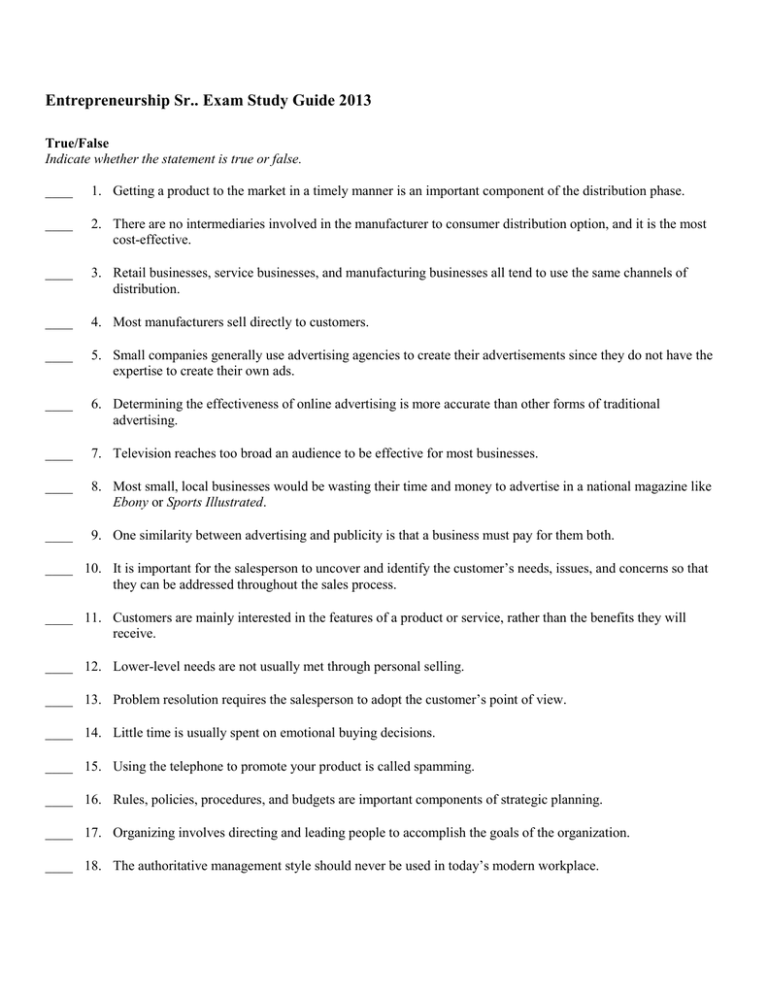 Entrepreneurship Sr Exam Study Guide 2013 Entrepreneurship Sr Exam Study Guide 2013