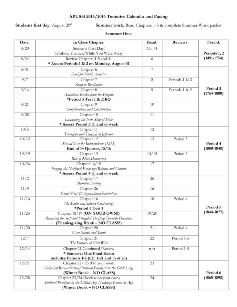 APUSH 2015 2016 Pacing Schedule
