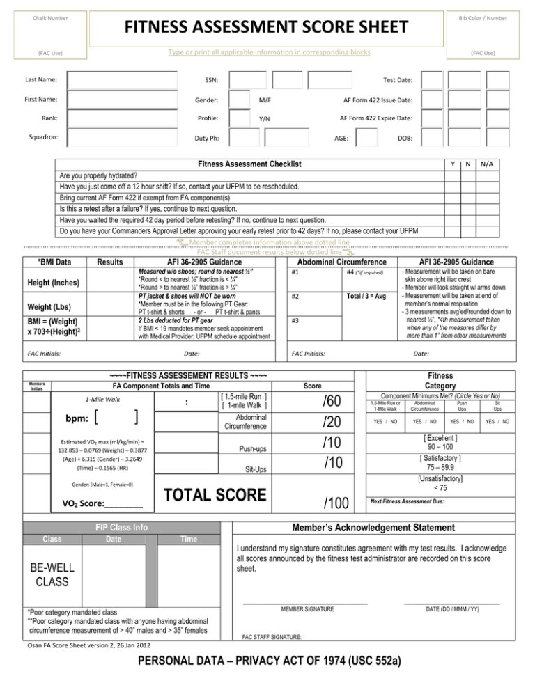 Fitness Assessment Score Sheet