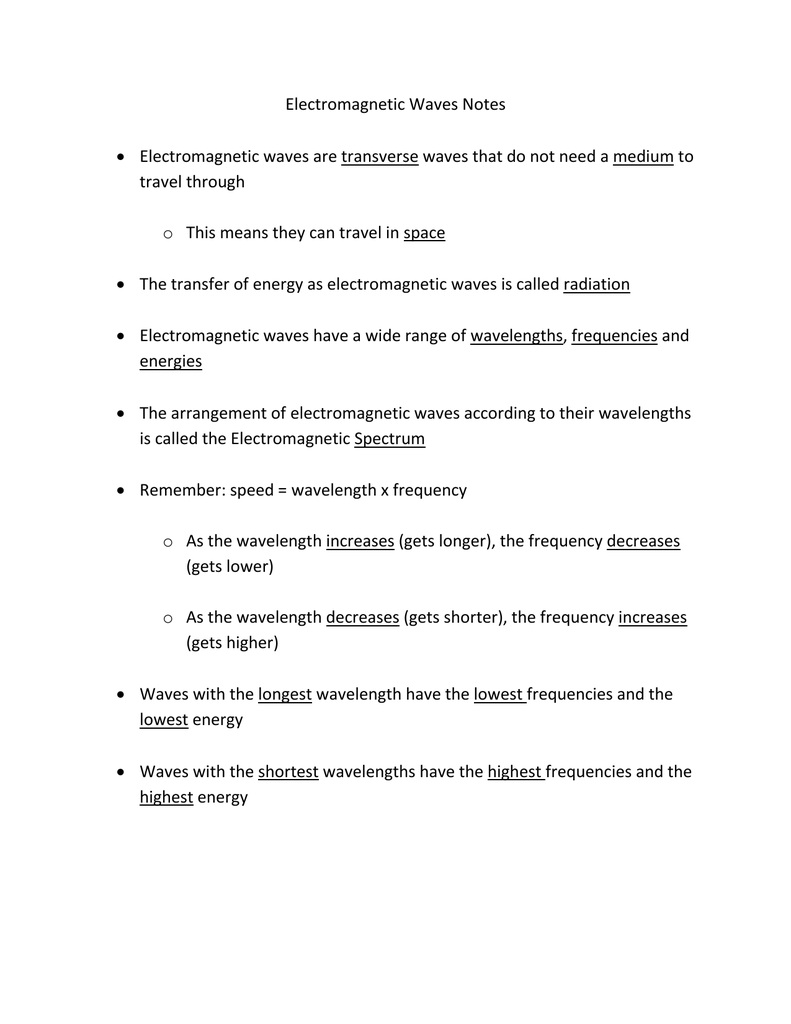 Electromagnetic Waves Note Taking Worksheet