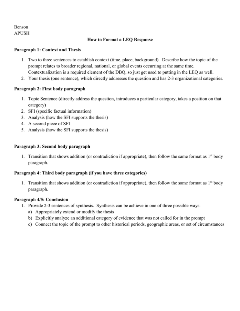 Benson APUSH How To Format A LEQ Response Paragraph 1