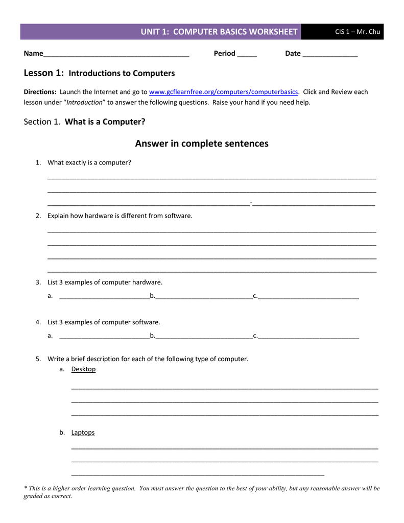 Unit 25: Computer Basics Worksheet Within Computer Basics Worksheet Answer Key