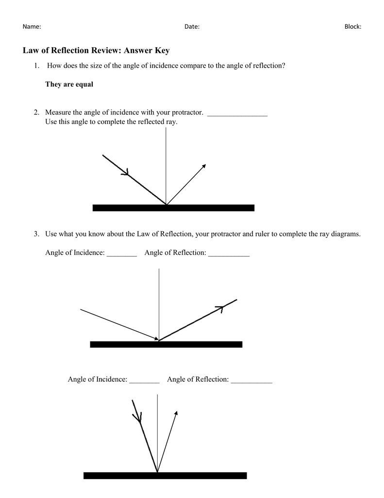 angle of reflection worksheet