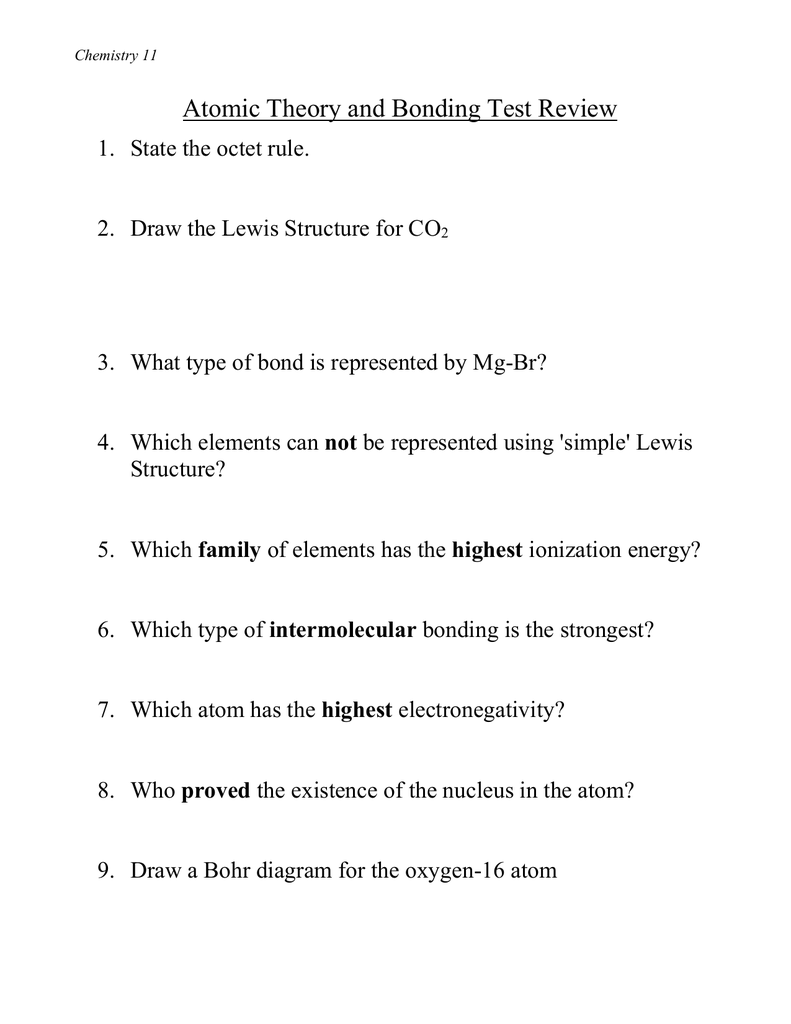 Atomic Theory and Bonding Test Review With Atomic Theory Worksheet Answers