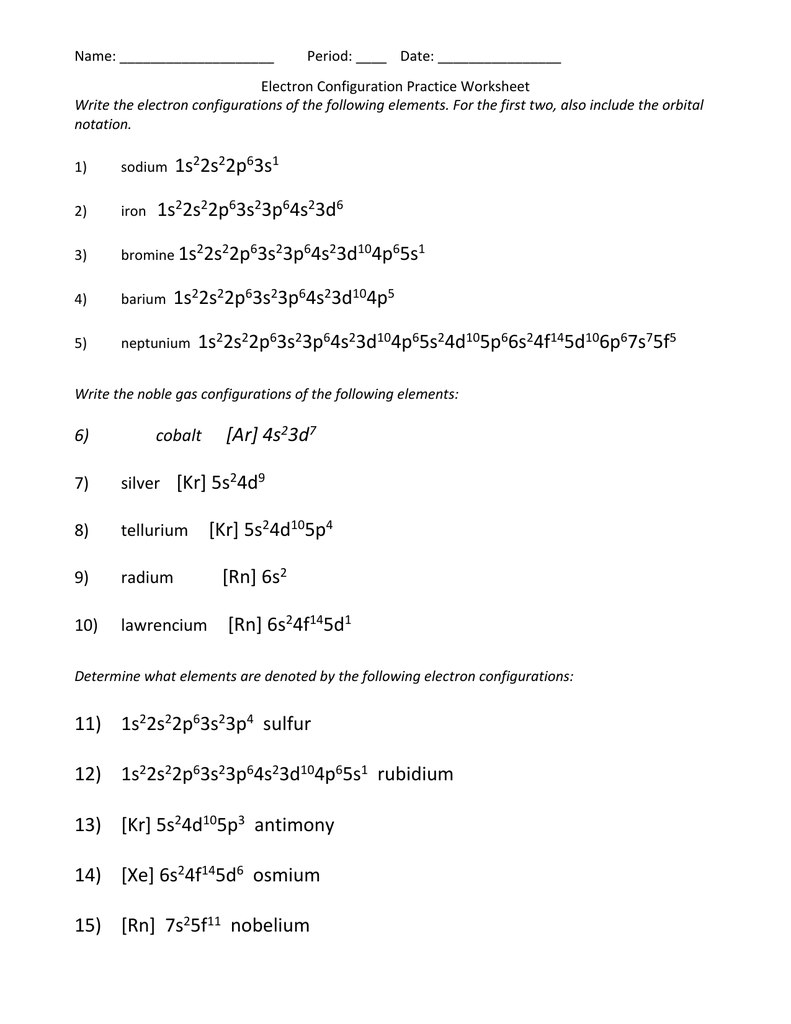 11) cobalt [Ar] 11s 11 11d 11 Regarding Electron Configuration Practice Worksheet