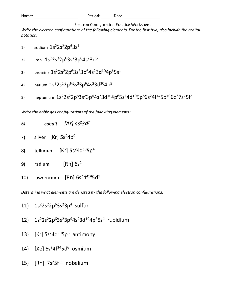 255) cobalt [Ar] 255s 25 25d 25 Inside Electron Configuration Worksheet Answers Key