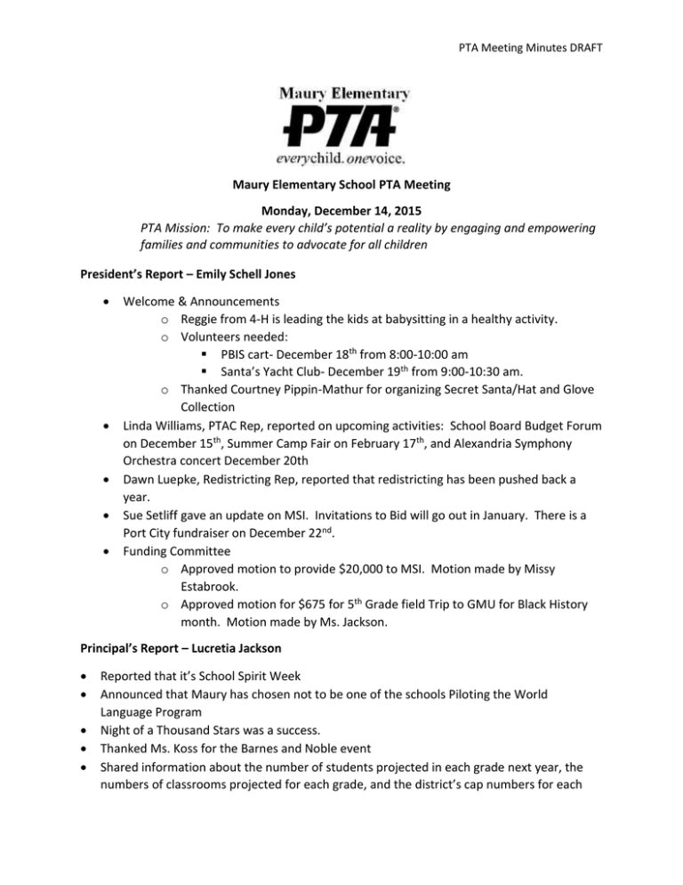 PTA Meeting Minutes December 14 2015