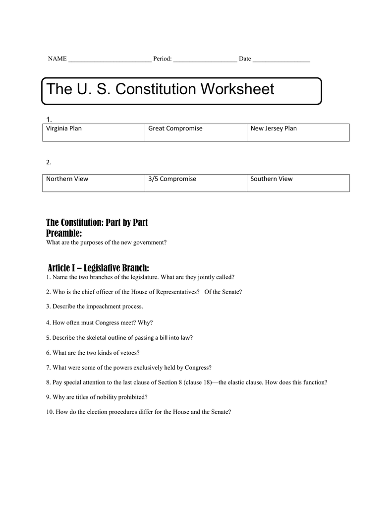 U.S. Constitution Handout For The Us Constitution Worksheet