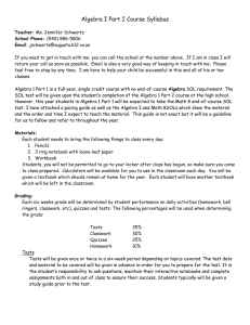 Algebra I Part I Course Syllabus Teacher: Ms. Jennifer Schwartz