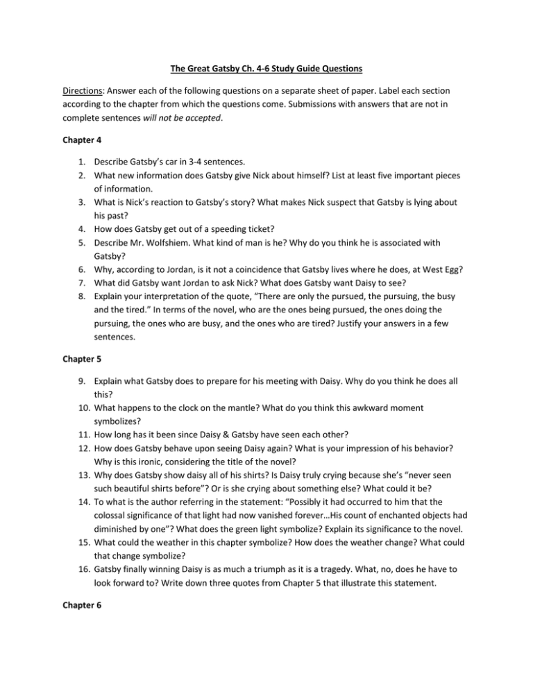 The Great Gatsby Ch. 46 Study Guide Questions Directions Answer