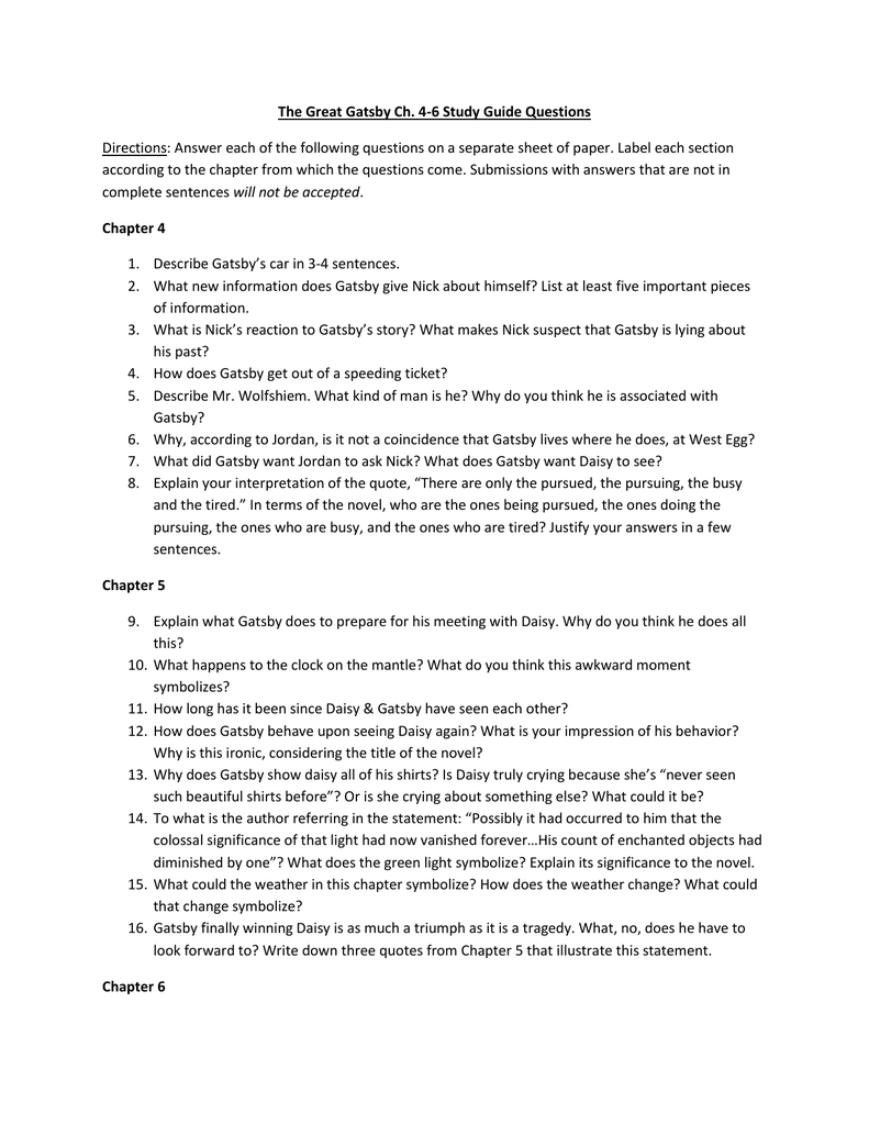 The Great Gatsby Ch 4 6 Study Guide Questions Directions Answer