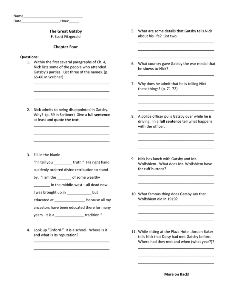 Gatsby Chapter Four Worksheet