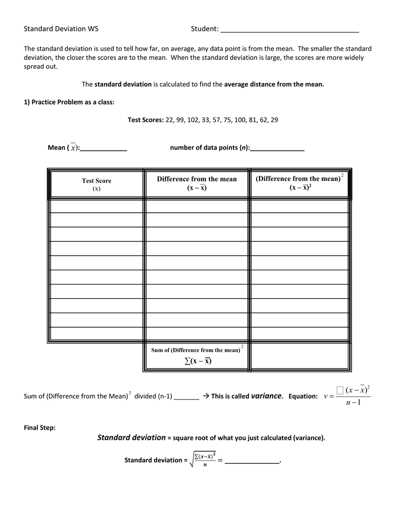 Calculating Standard Deviation Worksheet