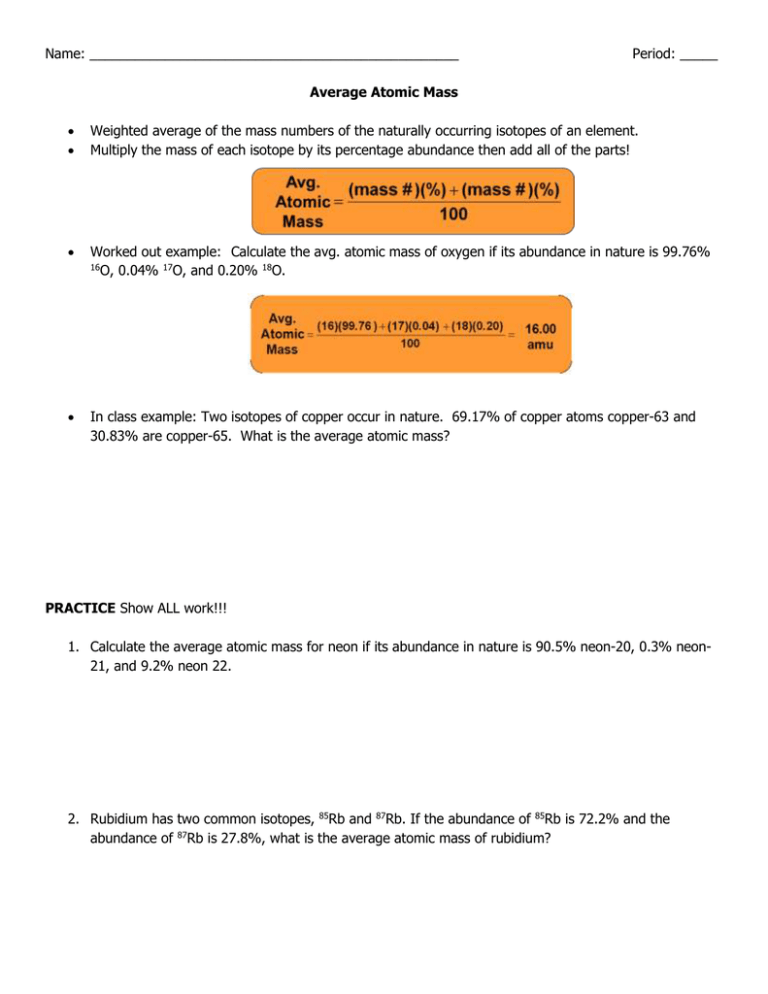 name-period-average-atomic-mass-weighted-average-of