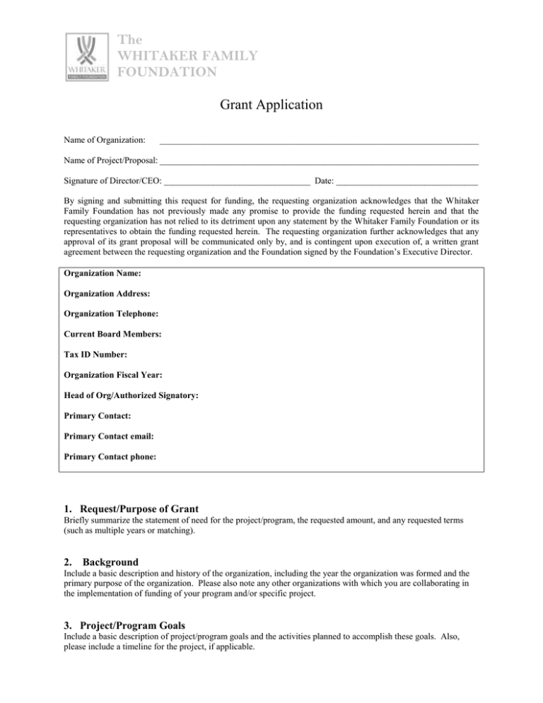 Name Of Project Proposal Whitaker Family Foundation