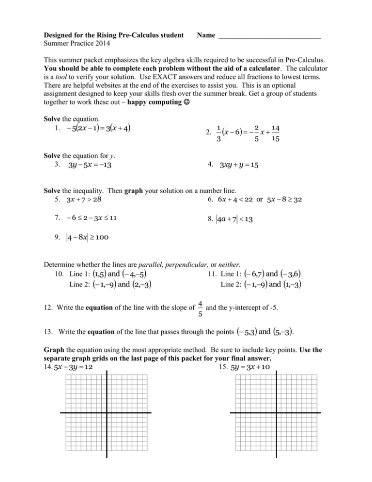 precalculus summer assignment answers