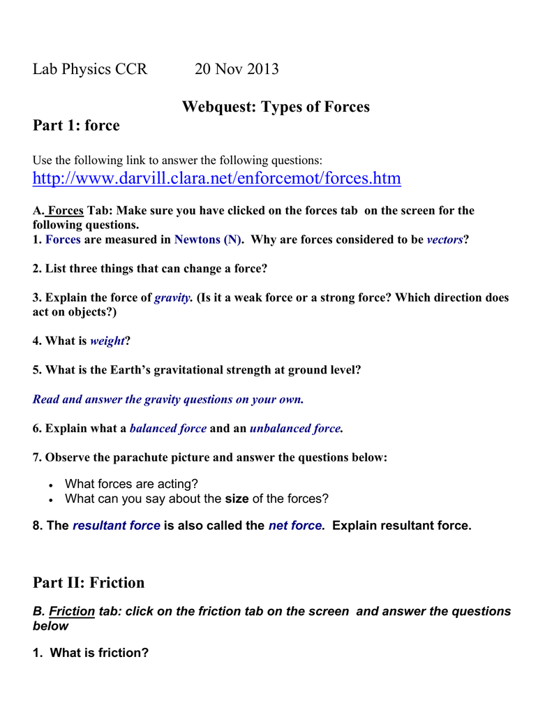 Webquest: Types of Forces Part 22: force Pertaining To Friction And Gravity Worksheet